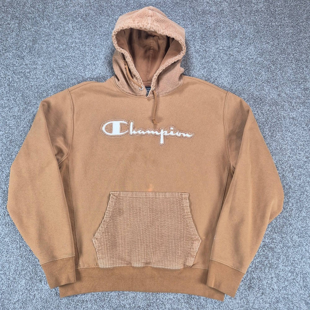 Champion Reverse Weave Hoodie‎ Mens Large Brown Corduroy Trim Script Logo Y2K